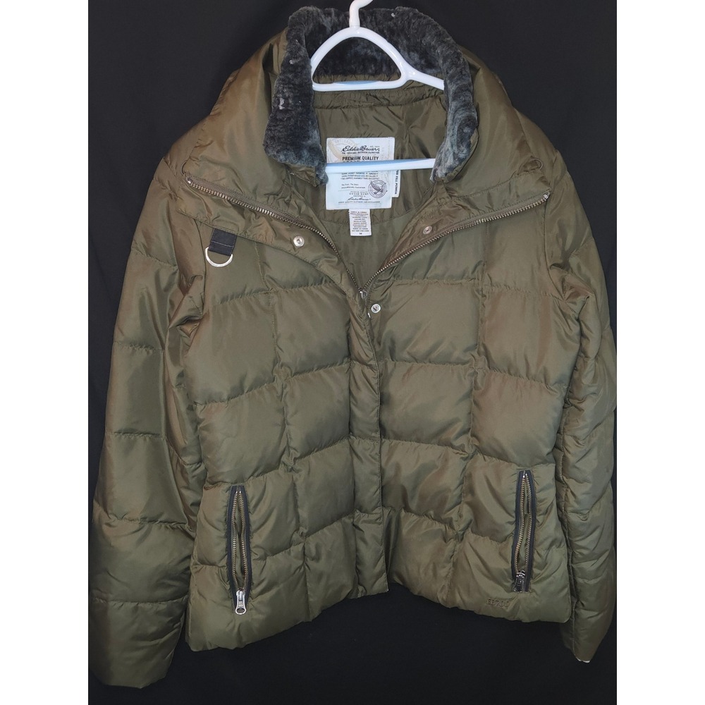 Eddie Bauer Womens Goose Down Jacket EB700 Olive Green Hooded Puffer Coat Size M